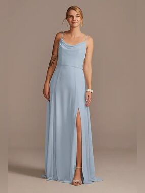 DB Studio Cowl Neck Chiffon Dress with Slit - Dusty Blue - Size 14